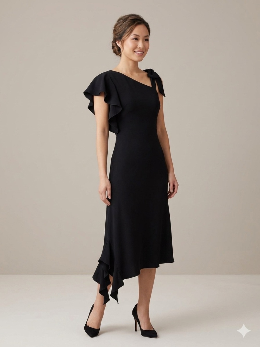 Citrine Elegant Black One-Shoulder Ruffle Dress